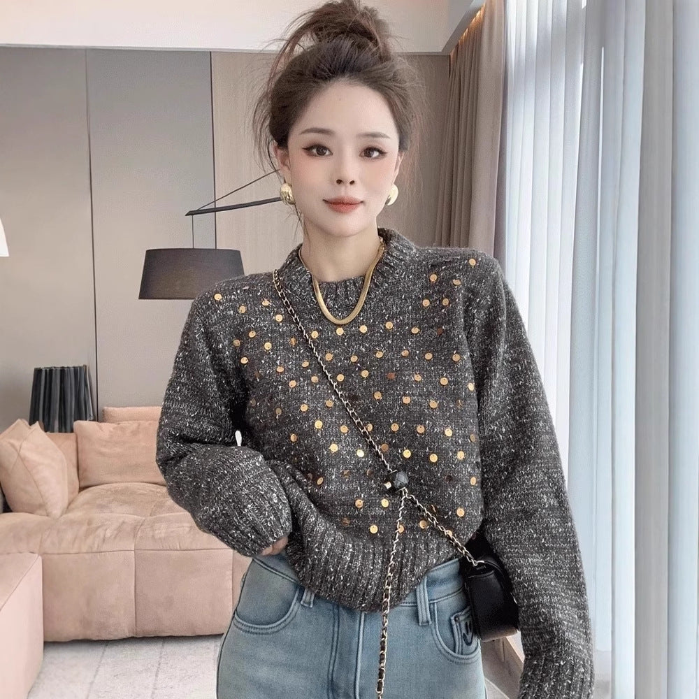 Sequined Round Neck Sweater Women's Loose And Lazy Style Design Sweater