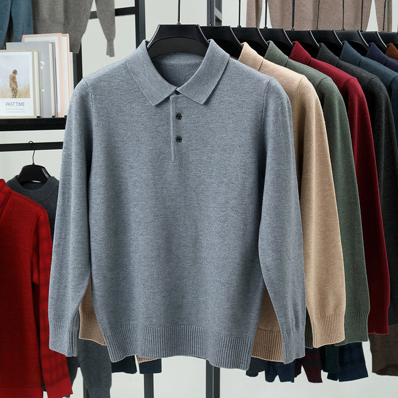 Men’s Solid Color Lapel Pullover – Warm Long Sleeve Sweater