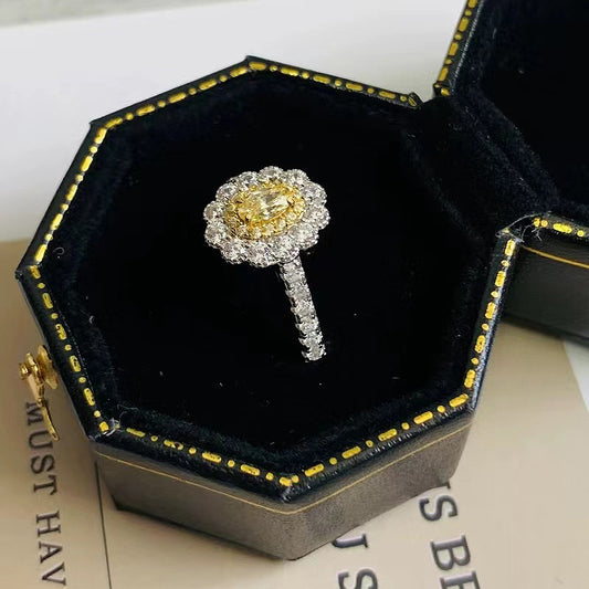 925 Sterling Silver Oval Diamond Chic Fashion Yellow Diamond Ring All-matching