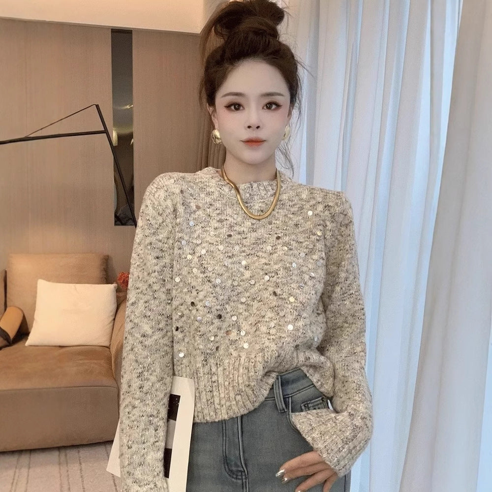 Sequined Round Neck Sweater Women's Loose And Lazy Style Design Sweater