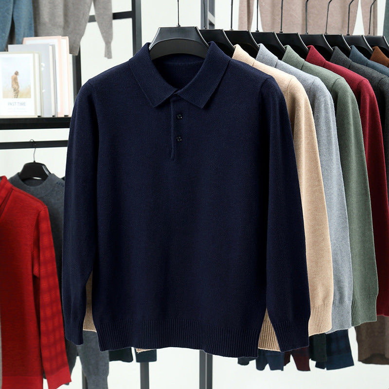 Men’s Solid Color Lapel Pullover – Warm Long Sleeve Sweater