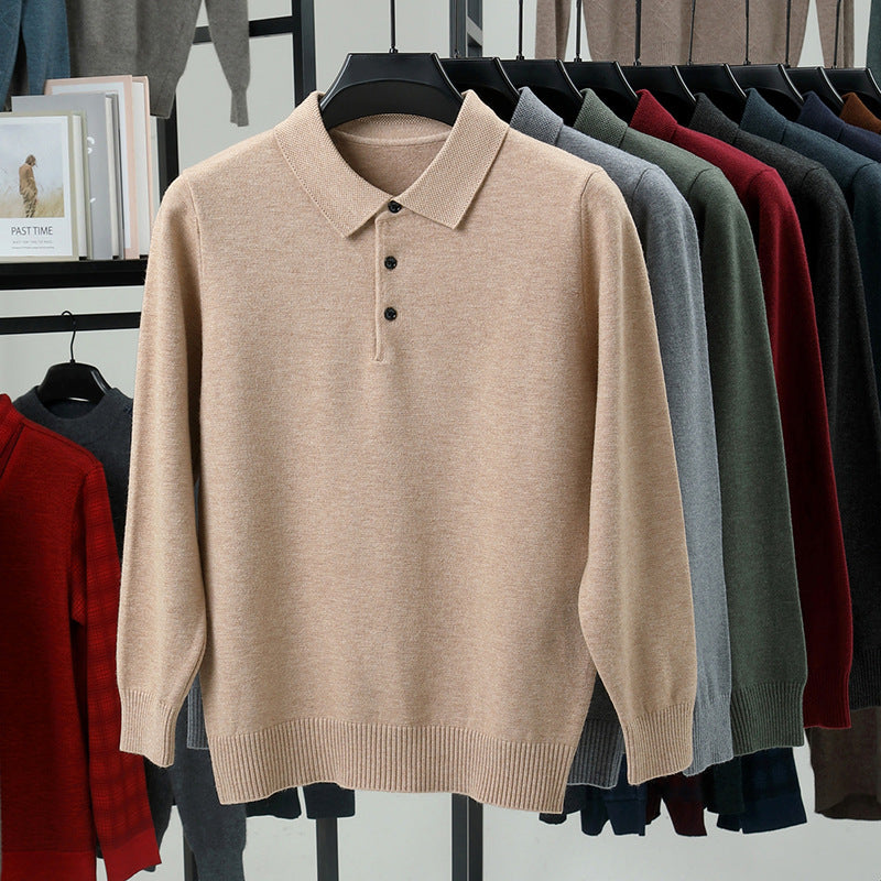 Men’s Solid Color Lapel Pullover – Warm Long Sleeve Sweater