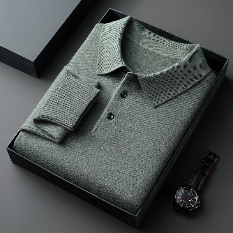 Men’s Solid Color Lapel Pullover – Warm Long Sleeve Sweater