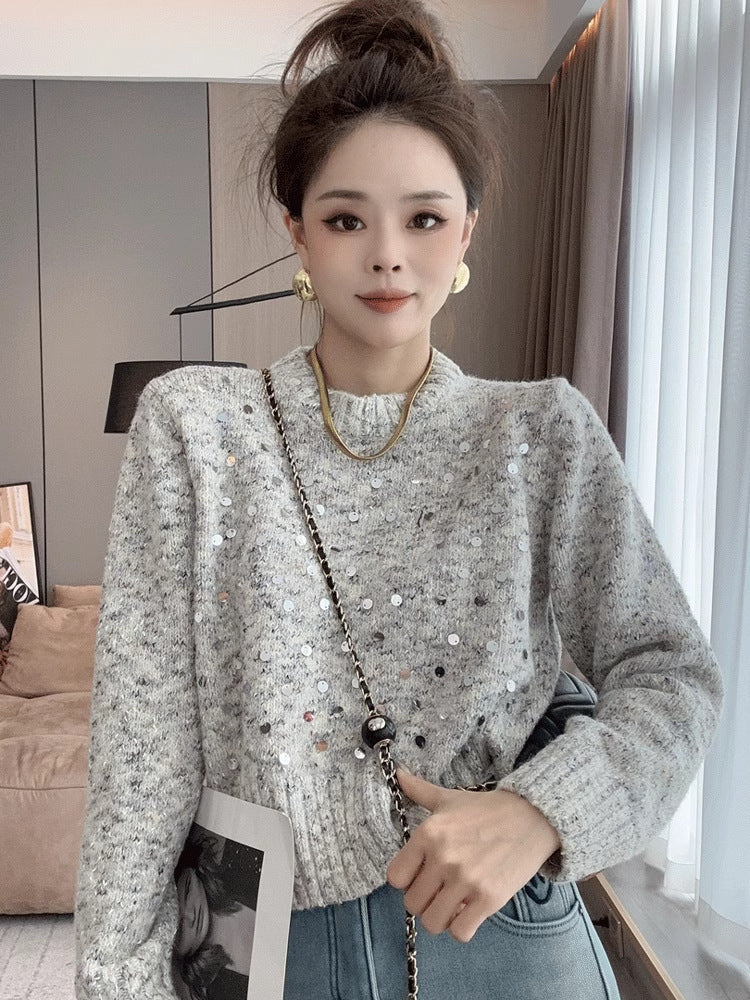 Sequined Round Neck Sweater Women's Loose And Lazy Style Design Sweater