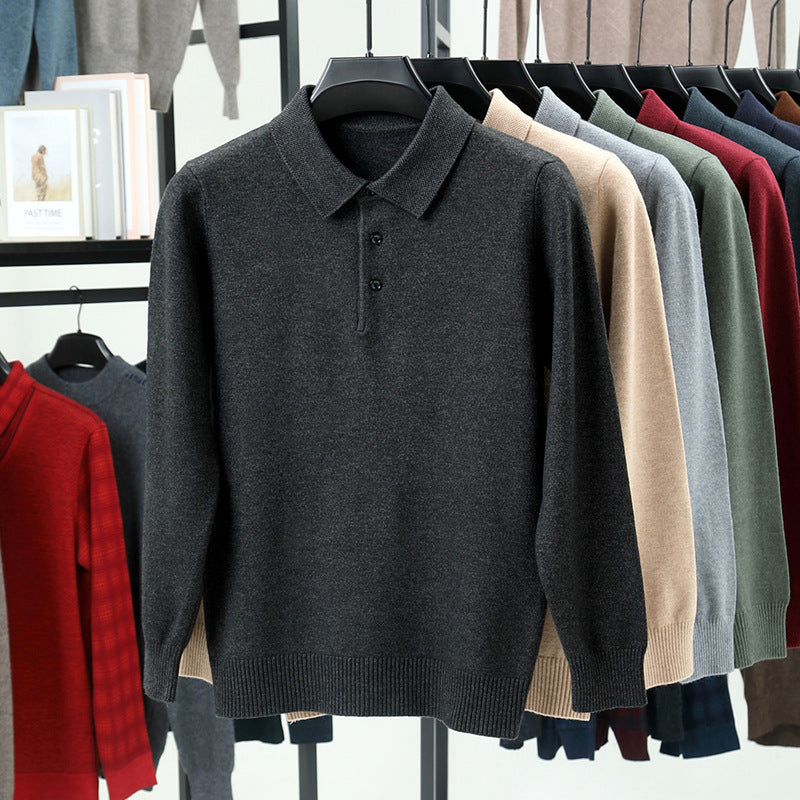 Men’s Solid Color Lapel Pullover – Warm Long Sleeve Sweater