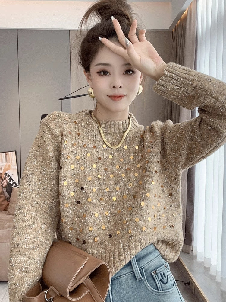 Sequined Round Neck Sweater Women's Loose And Lazy Style Design Sweater