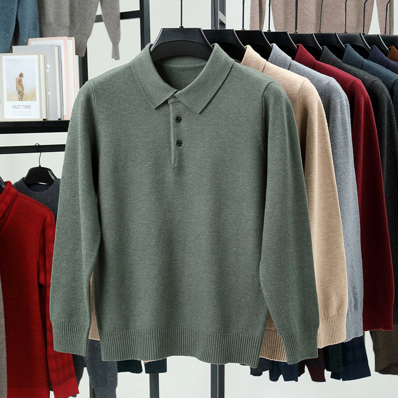 Men’s Solid Color Lapel Pullover – Warm Long Sleeve Sweater