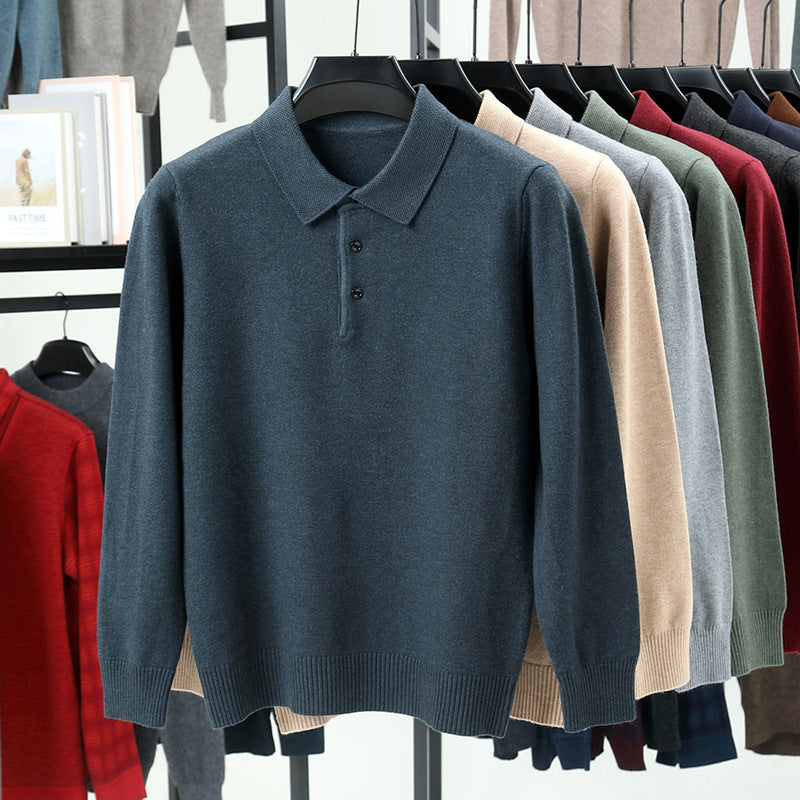Men’s Solid Color Lapel Pullover – Warm Long Sleeve Sweater
