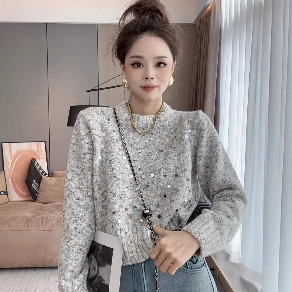 Sequined Round Neck Sweater Women's Loose And Lazy Style Design Sweater
