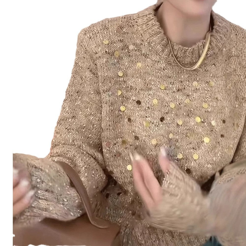 Sequined Round Neck Sweater Women's Loose And Lazy Style Design Sweater