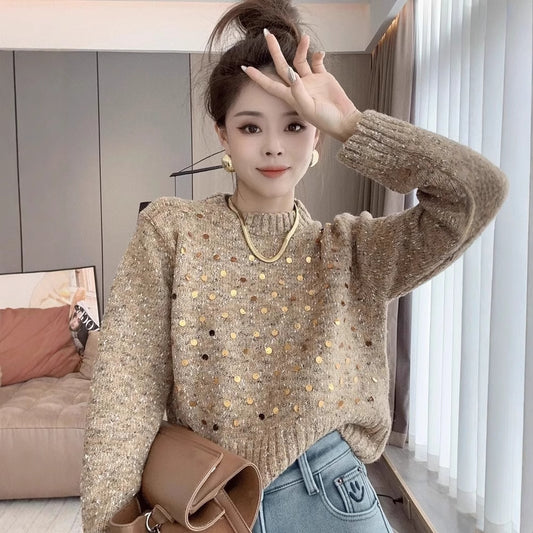 Sequined Round Neck Sweater Women's Loose And Lazy Style Design Sweater