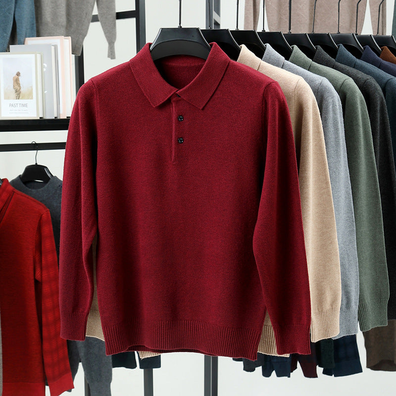 Men’s Solid Color Lapel Pullover – Warm Long Sleeve Sweater