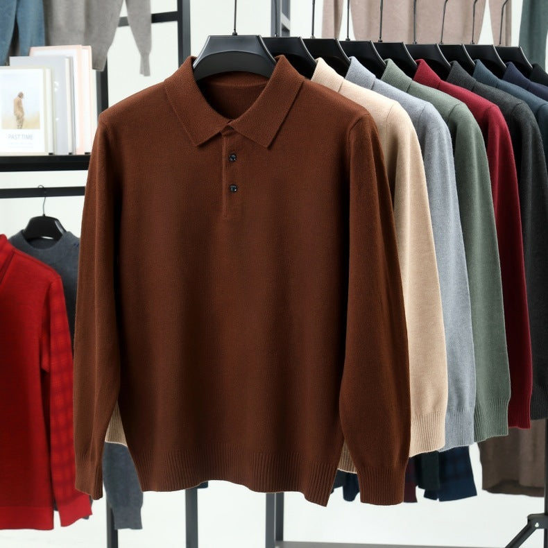 Men’s Solid Color Lapel Pullover – Warm Long Sleeve Sweater