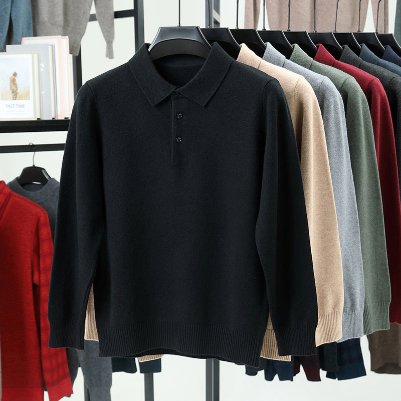 Men’s Solid Color Lapel Pullover – Warm Long Sleeve Sweater