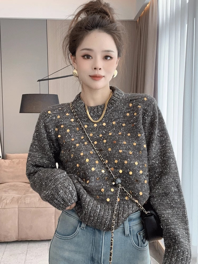 Sequined Round Neck Sweater Women's Loose And Lazy Style Design Sweater